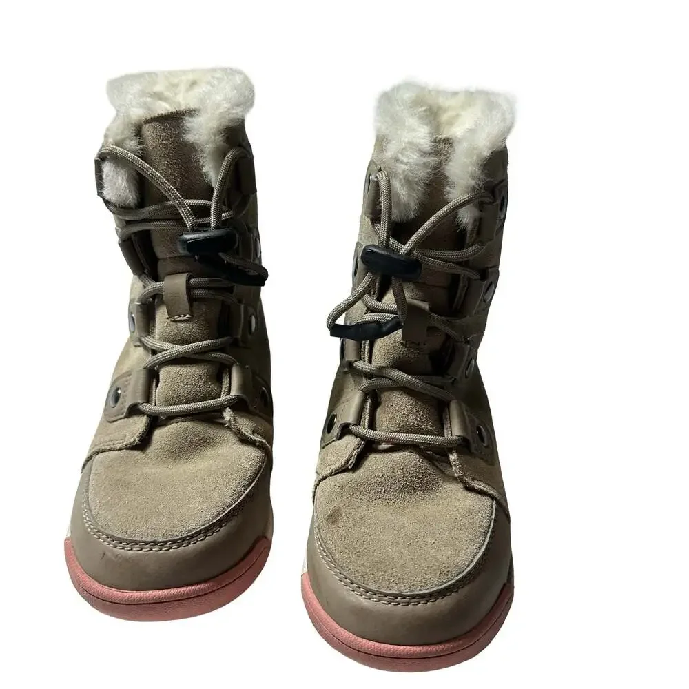 Sorel Explorer Joan Waterproof Kids Winter Boots Faux Fur Suede Youth 3 EU 34